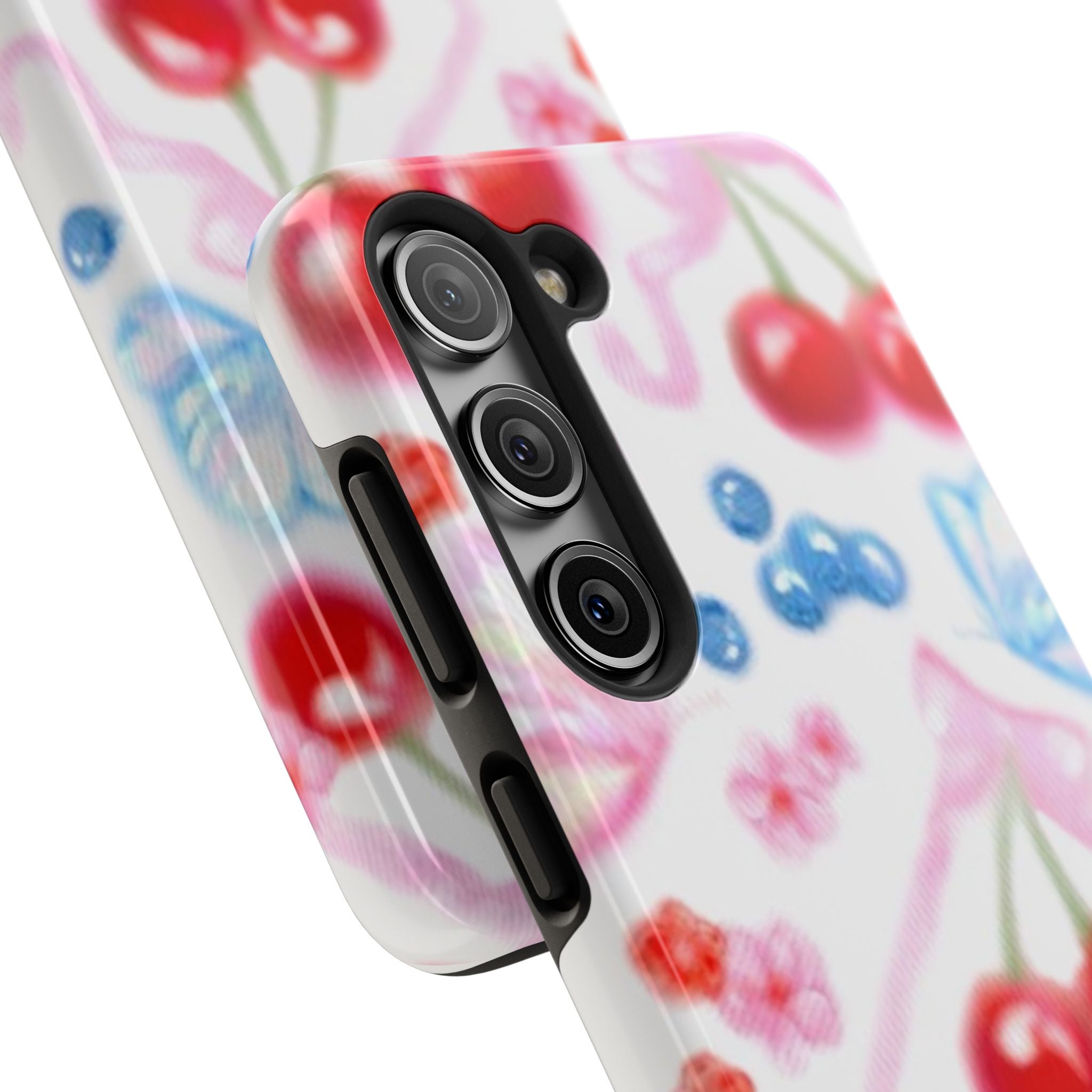 Cute Cherry Strawberry Phone Case, Bow Butterfly Design, iPhone & Samsung Protective Cover, Girls Women Fun Gift, Fruit Floral Pattern