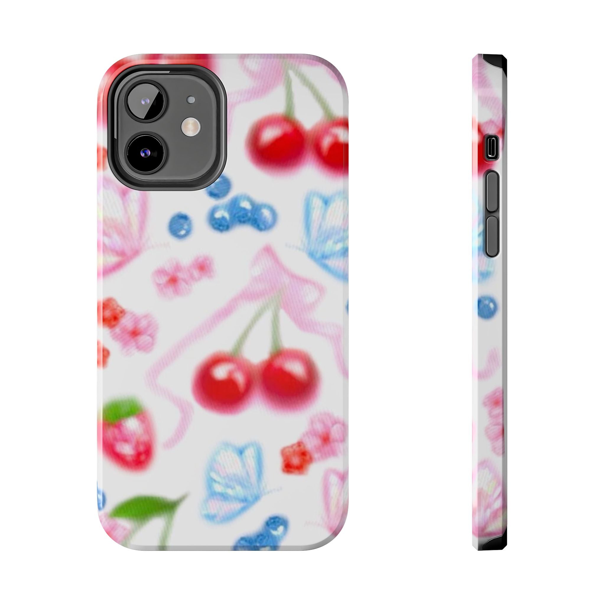 Cute Cherry Strawberry Phone Case, Bow Butterfly Design, iPhone & Samsung Protective Cover, Girls Women Fun Gift, Fruit Floral Pattern