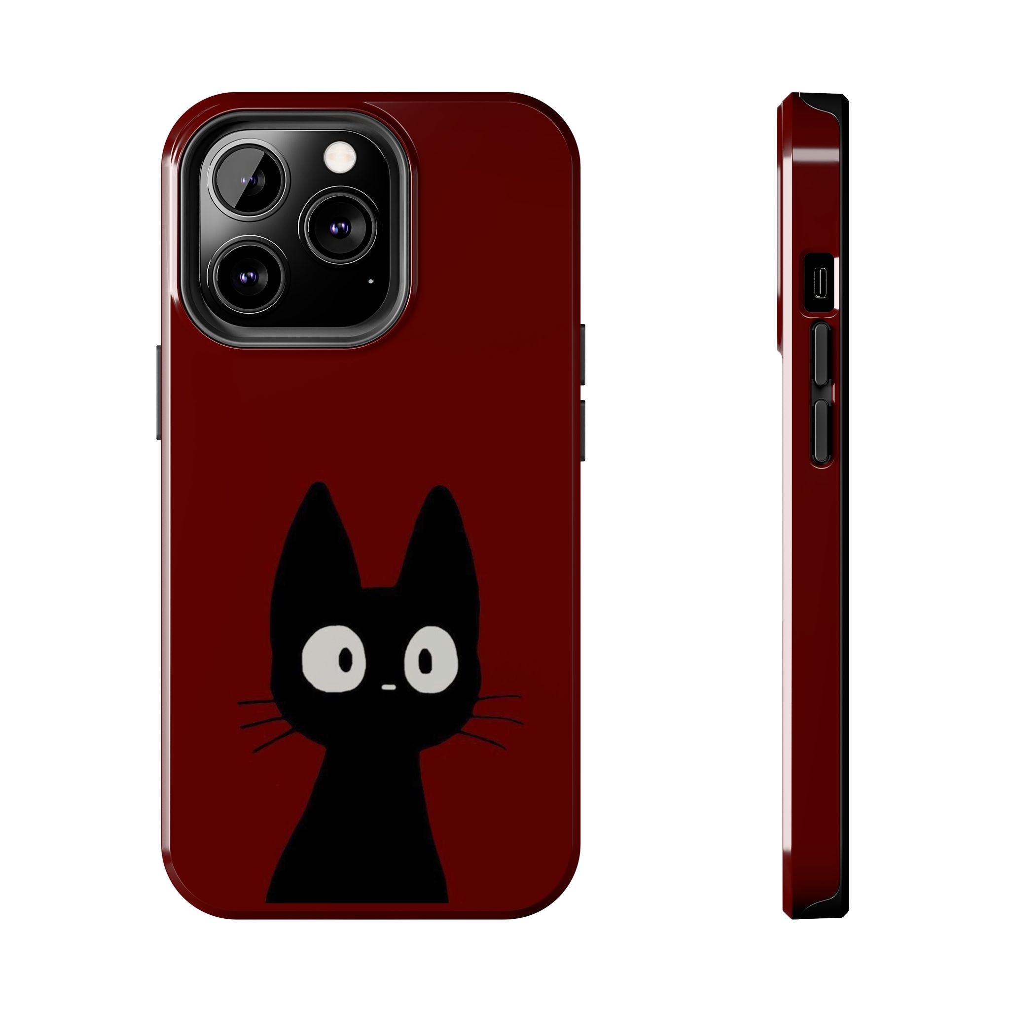 Black Cat Phone Case – Minimal Cute Design, Slim Protective Burgundy Cover