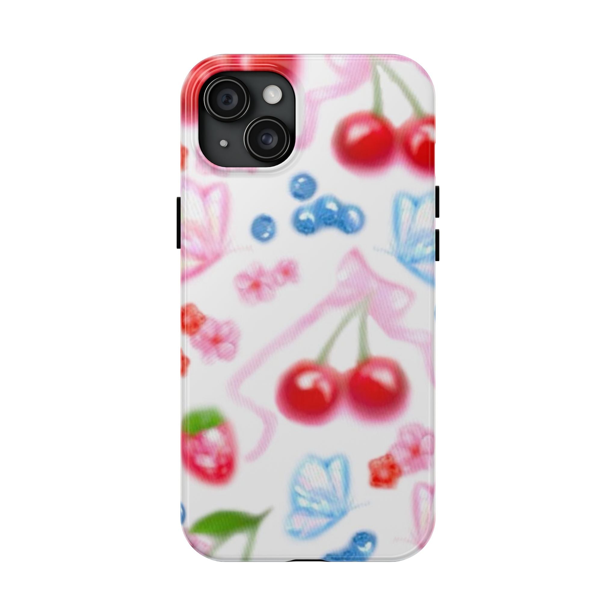 Cute Cherry Strawberry Phone Case, Bow Butterfly Design, iPhone & Samsung Protective Cover, Girls Women Fun Gift, Fruit Floral Pattern
