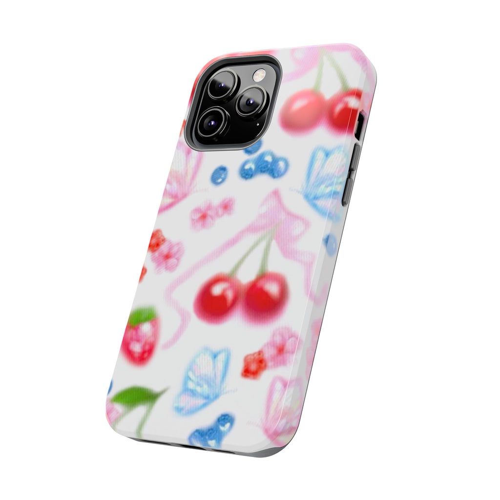 Cute Cherry Strawberry Phone Case, Bow Butterfly Design, iPhone & Samsung Protective Cover, Girls Women Fun Gift, Fruit Floral Pattern