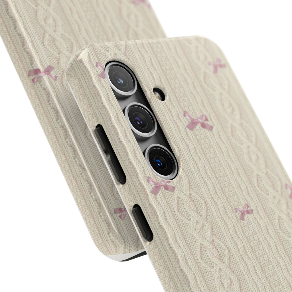 Knitted Sweater Phone Case, Cute Pink Bow Design, iPhone & Samsung Protective Cover, Cozy Aesthetic Pattern, Girls Women Unique Gift