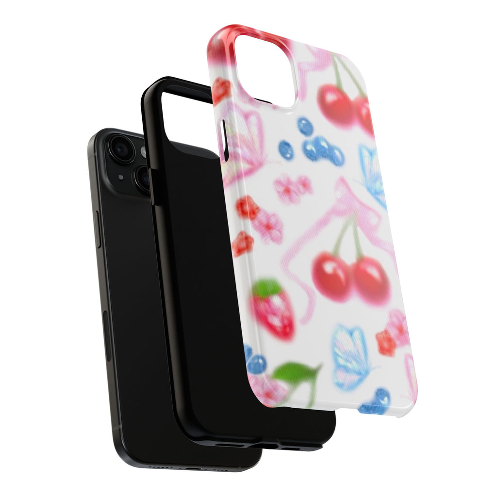 Cute Cherry Strawberry Phone Case, Bow Butterfly Design, iPhone & Samsung Protective Cover, Girls Women Fun Gift, Fruit Floral Pattern