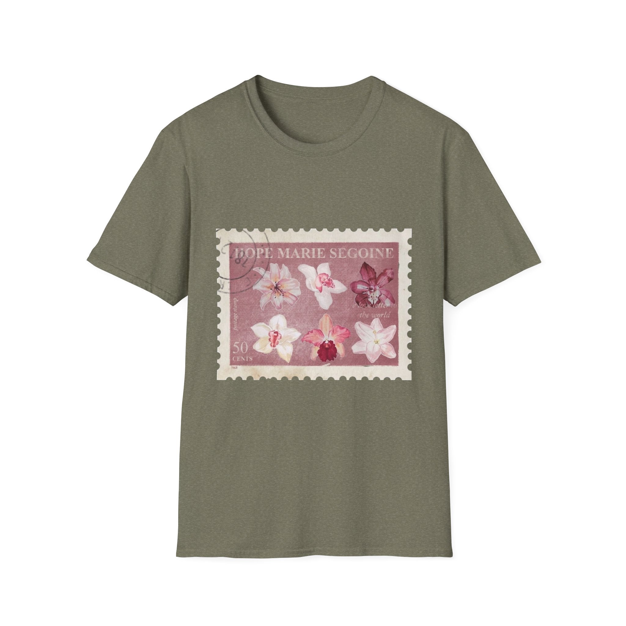 Vintage Flower Stamp T-Shirt, Botanical Orchid Graphic Tee, Retro Floral Art Shirt, Soft Cotton Apparel, Unique Gift for Women Men