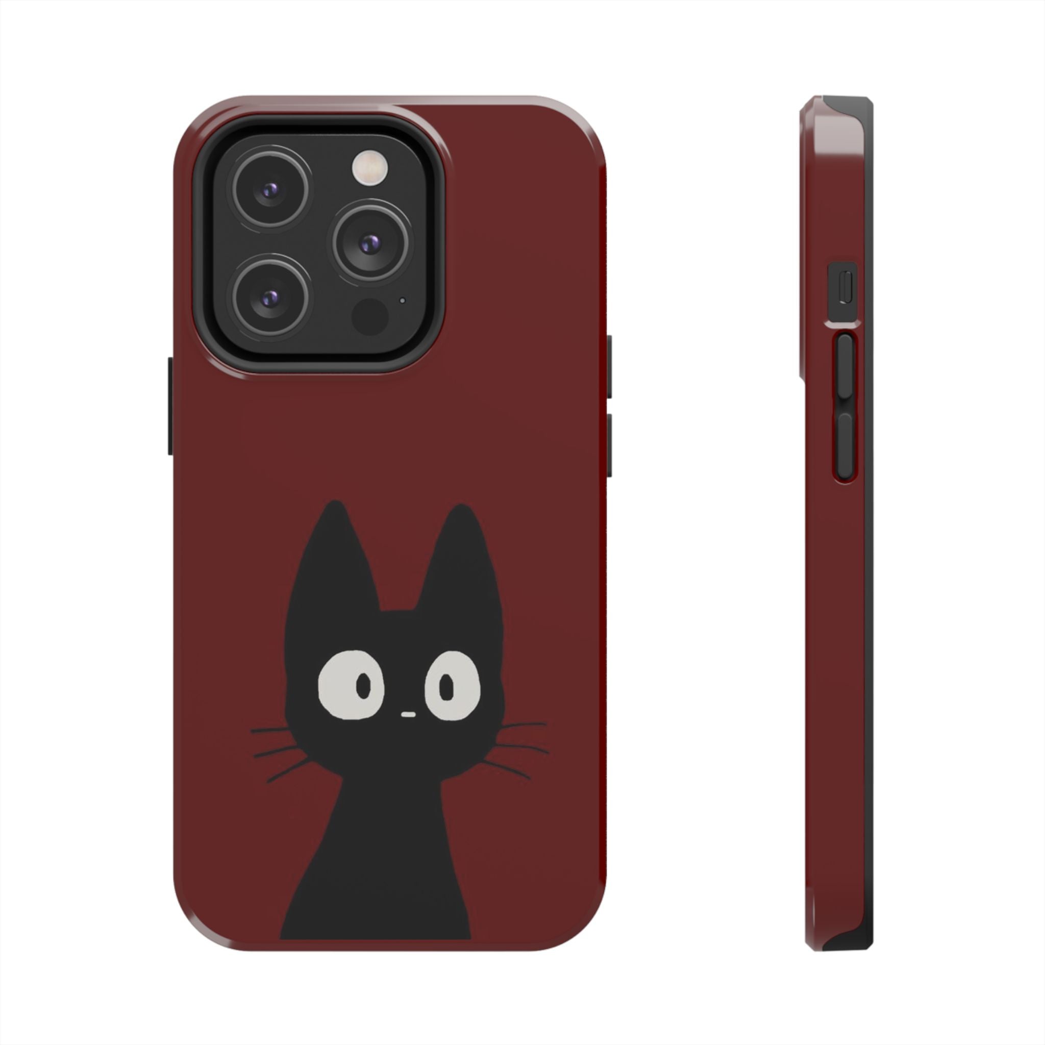 Black Cat Phone Case – Minimal Cute Design, Slim Protective Burgundy Cover