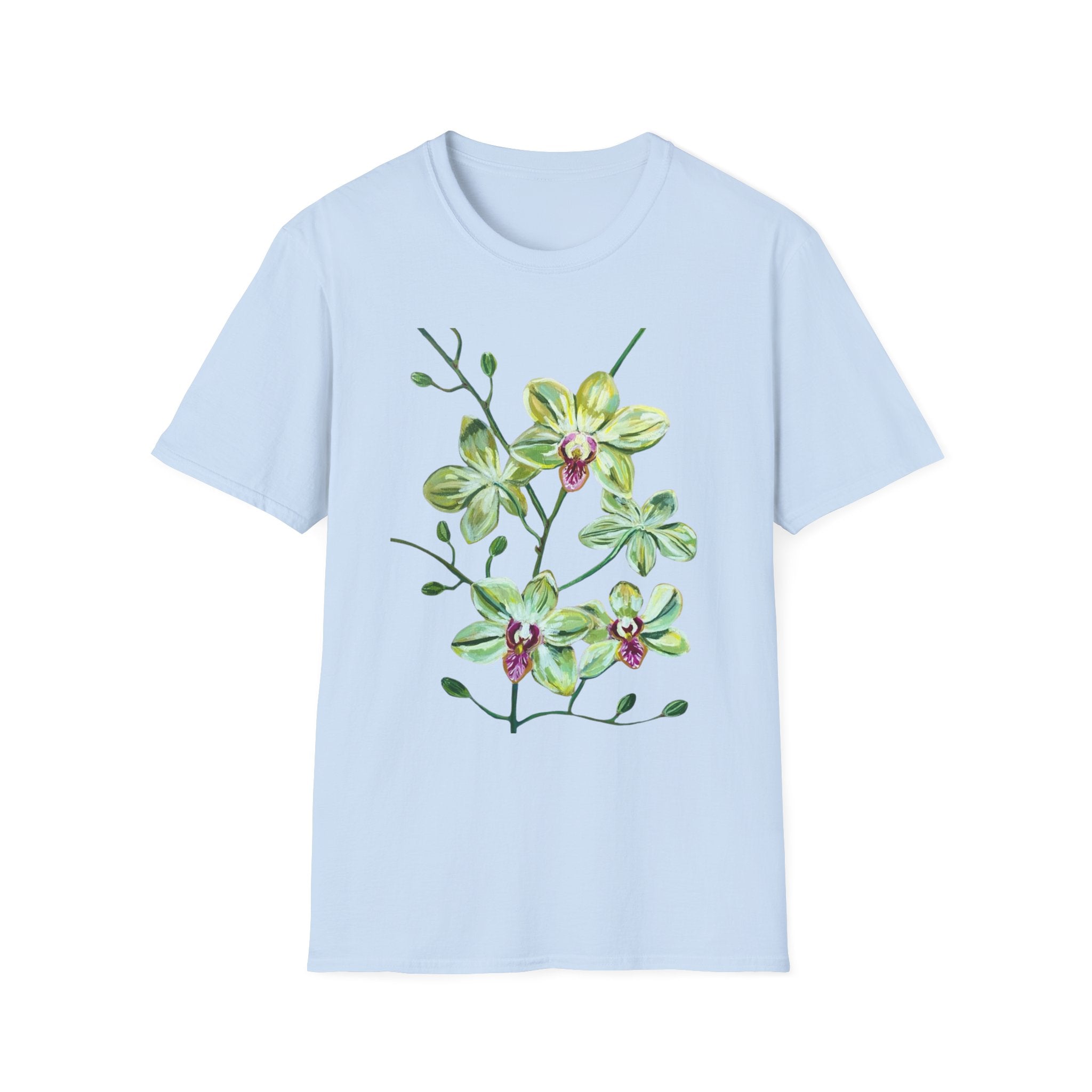 Green Orchid T-Shirt, Botanical Floral Graphic Tee, Nature Plant Art Shirt, Soft Cotton Apparel, Unique Gift for Women Men