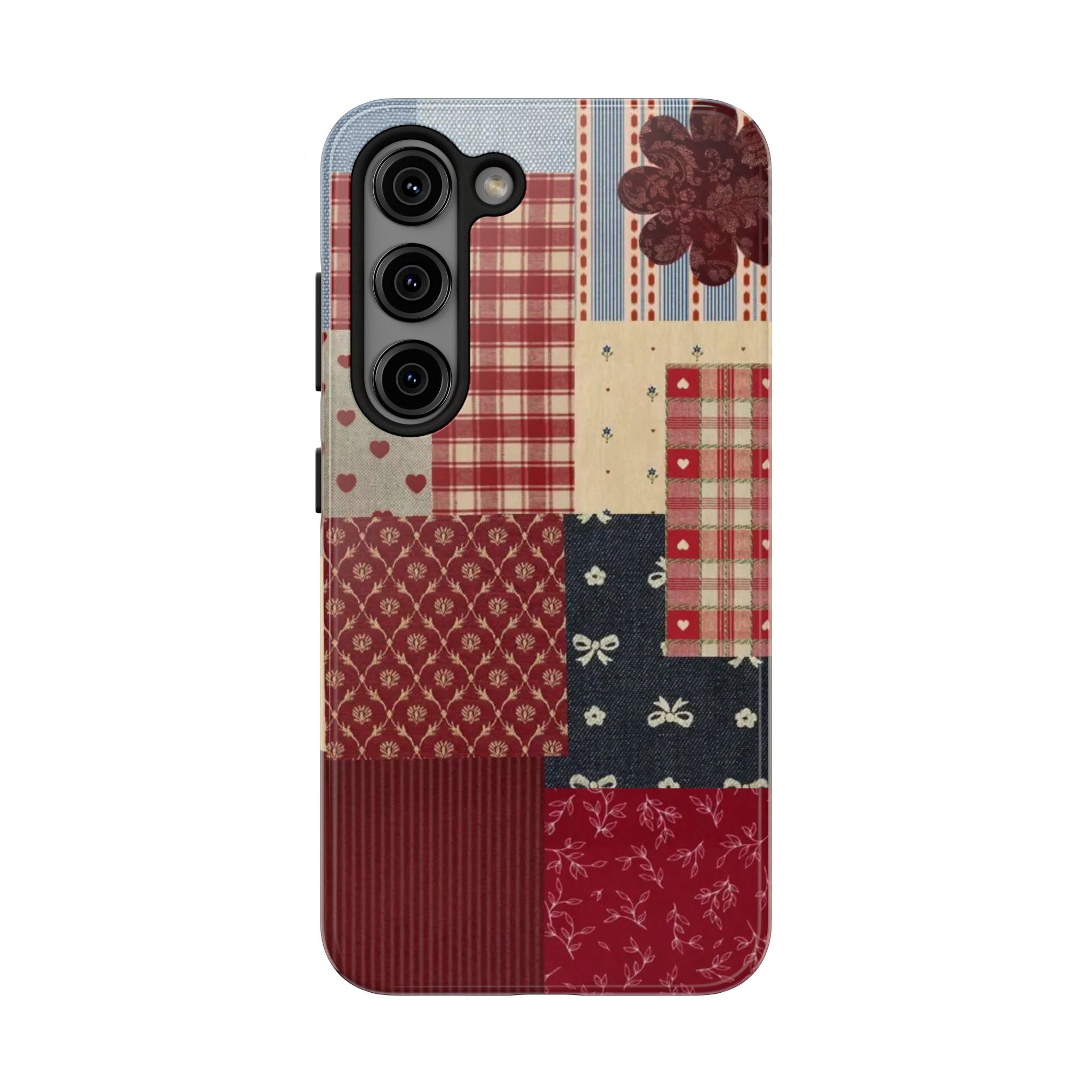 Red Patchwork Phone Case, Quilted Pattern Design, iPhone & Samsung Protective Cover, Rustic Farmhouse Style, Unique Gift for Women