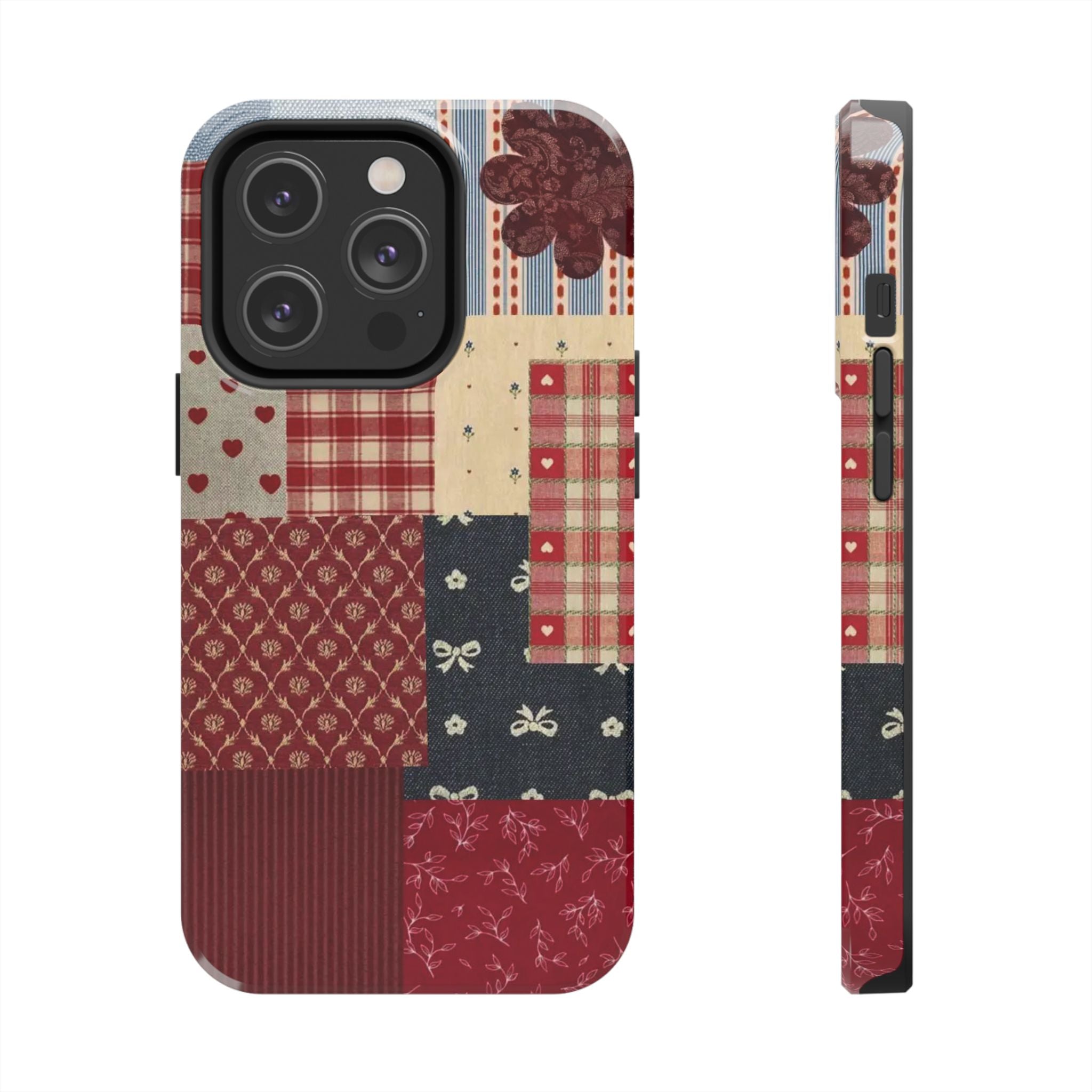 Red Patchwork Phone Case, Quilted Pattern Design, iPhone & Samsung Protective Cover, Rustic Farmhouse Style, Unique Gift for Women