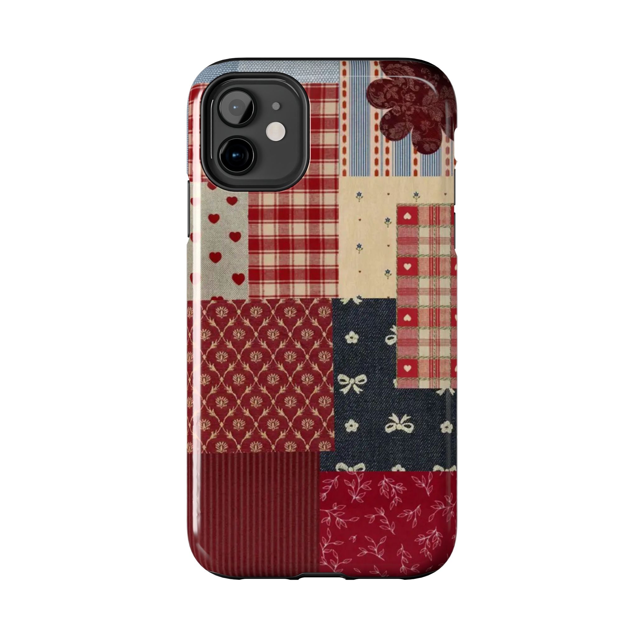 Red Patchwork Phone Case, Quilted Pattern Design, iPhone & Samsung Protective Cover, Rustic Farmhouse Style, Unique Gift for Women