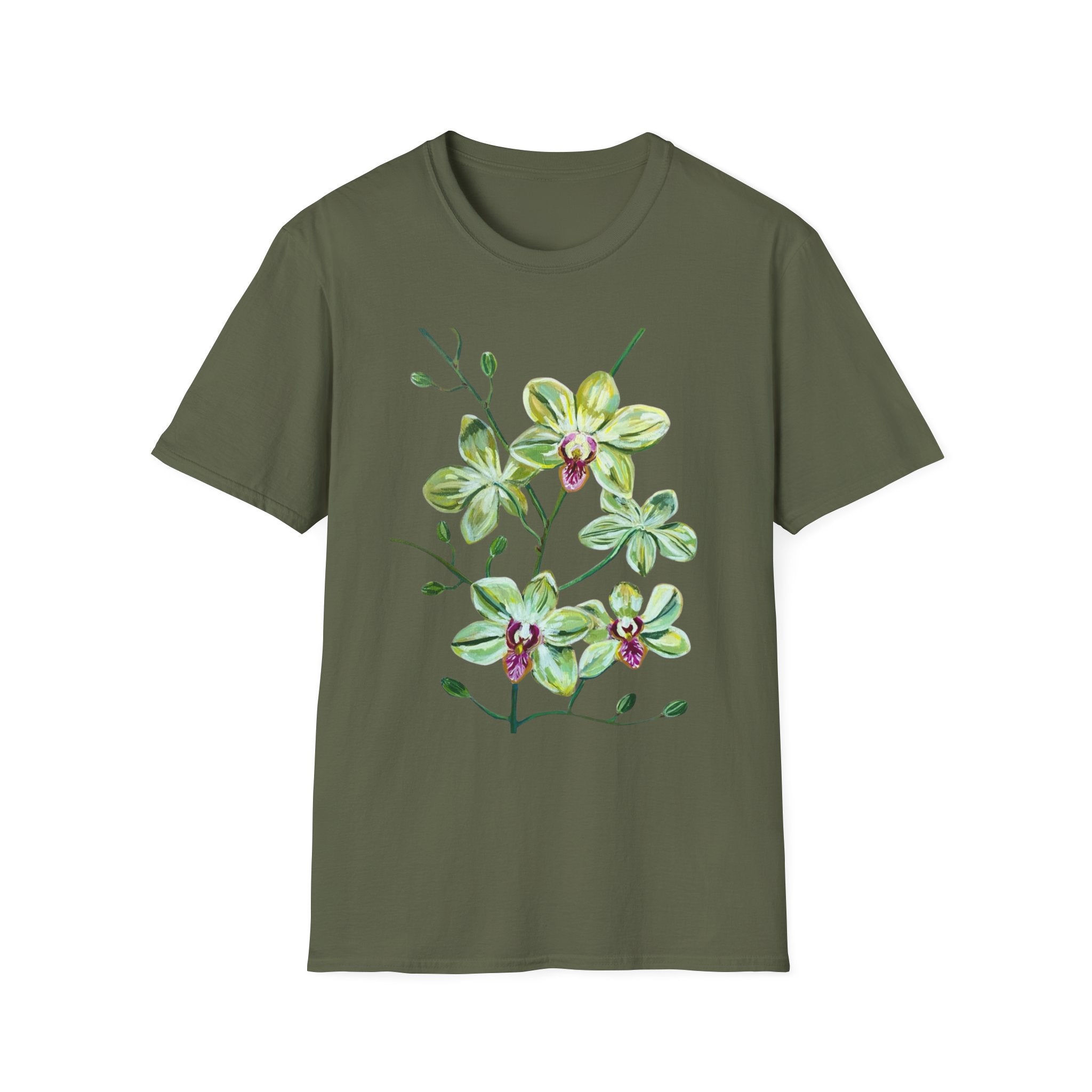 Green Orchid T-Shirt, Botanical Floral Graphic Tee, Nature Plant Art Shirt, Soft Cotton Apparel, Unique Gift for Women Men