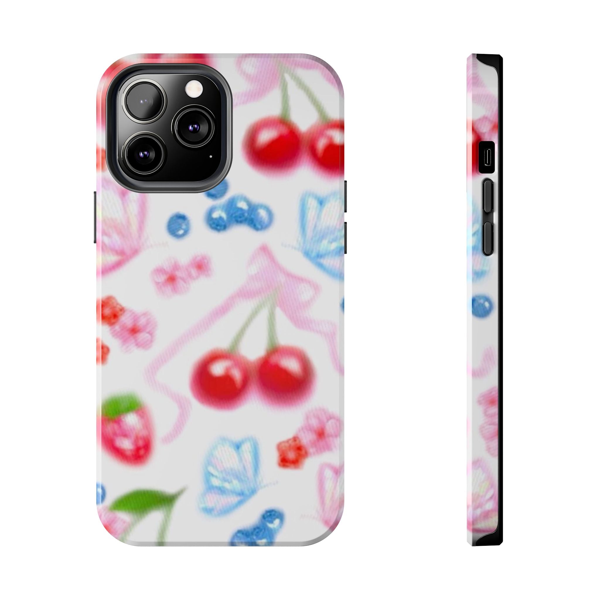 Cute Cherry Strawberry Phone Case, Bow Butterfly Design, iPhone & Samsung Protective Cover, Girls Women Fun Gift, Fruit Floral Pattern