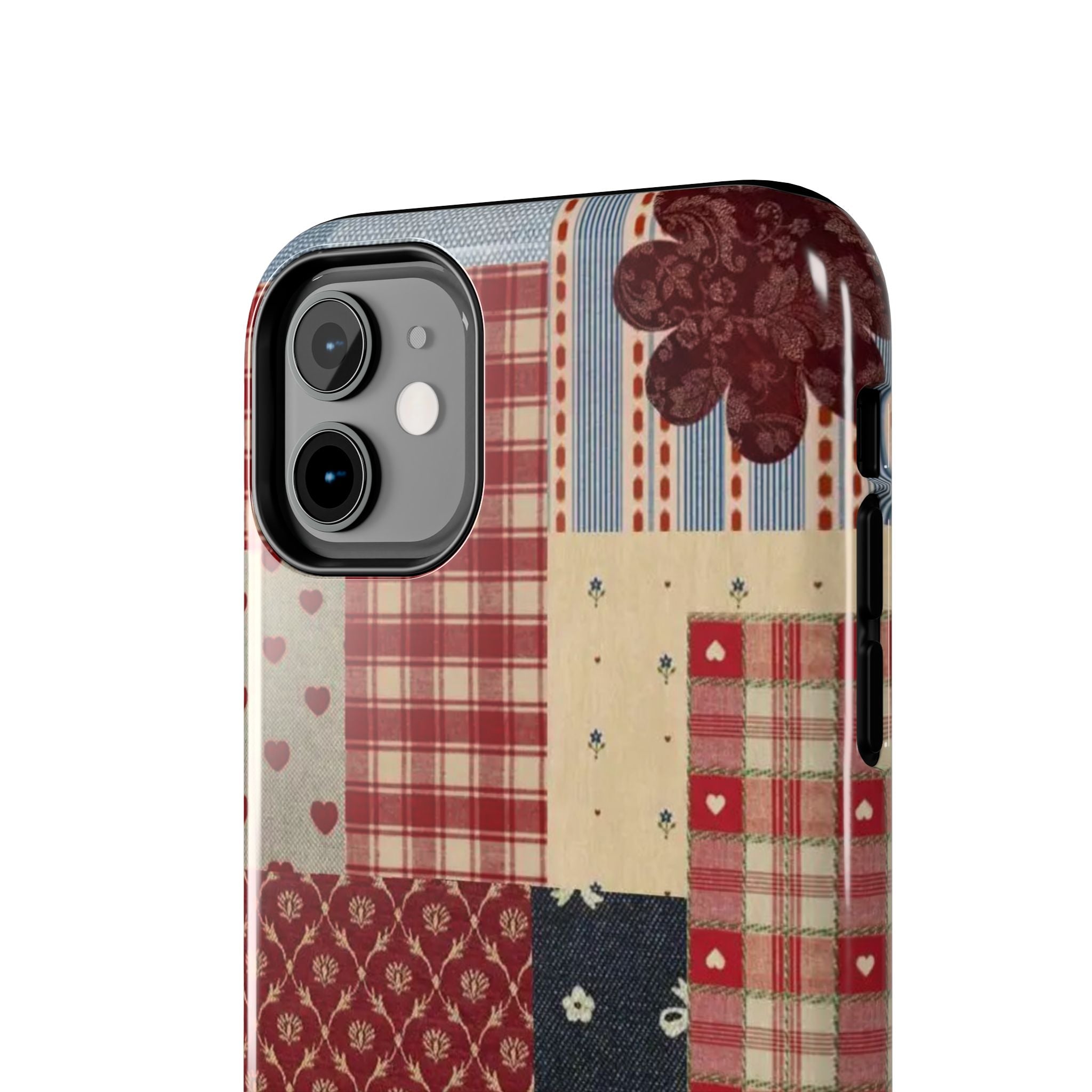Red Patchwork Phone Case, Quilted Pattern Design, iPhone & Samsung Protective Cover, Rustic Farmhouse Style, Unique Gift for Women