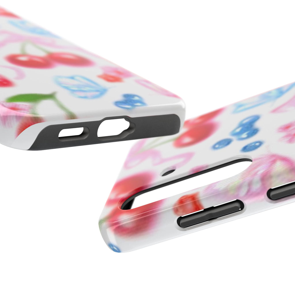 Cute Cherry Strawberry Phone Case, Bow Butterfly Design, iPhone & Samsung Protective Cover, Girls Women Fun Gift, Fruit Floral Pattern