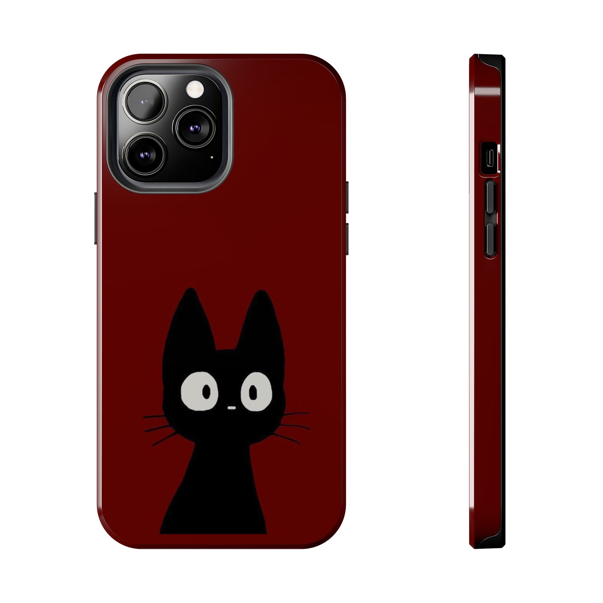 Black Cat Phone Case – Minimal Cute Design, Slim Protective Burgundy Cover