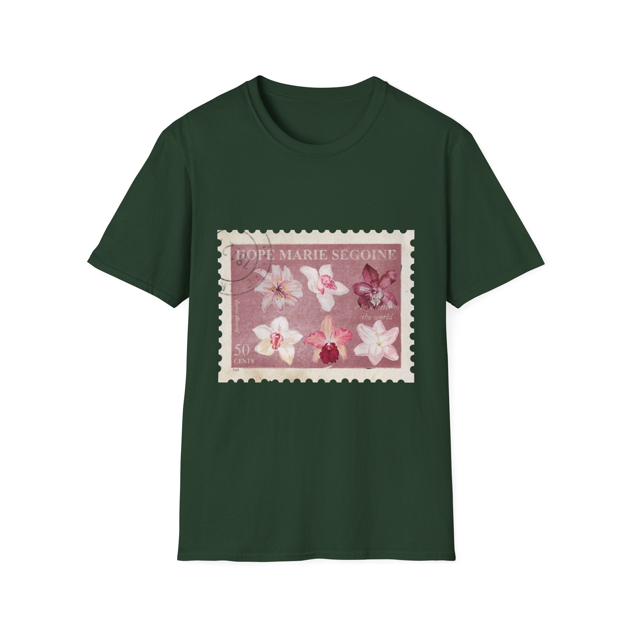 Vintage Flower Stamp T-Shirt, Botanical Orchid Graphic Tee, Retro Floral Art Shirt, Soft Cotton Apparel, Unique Gift for Women Men