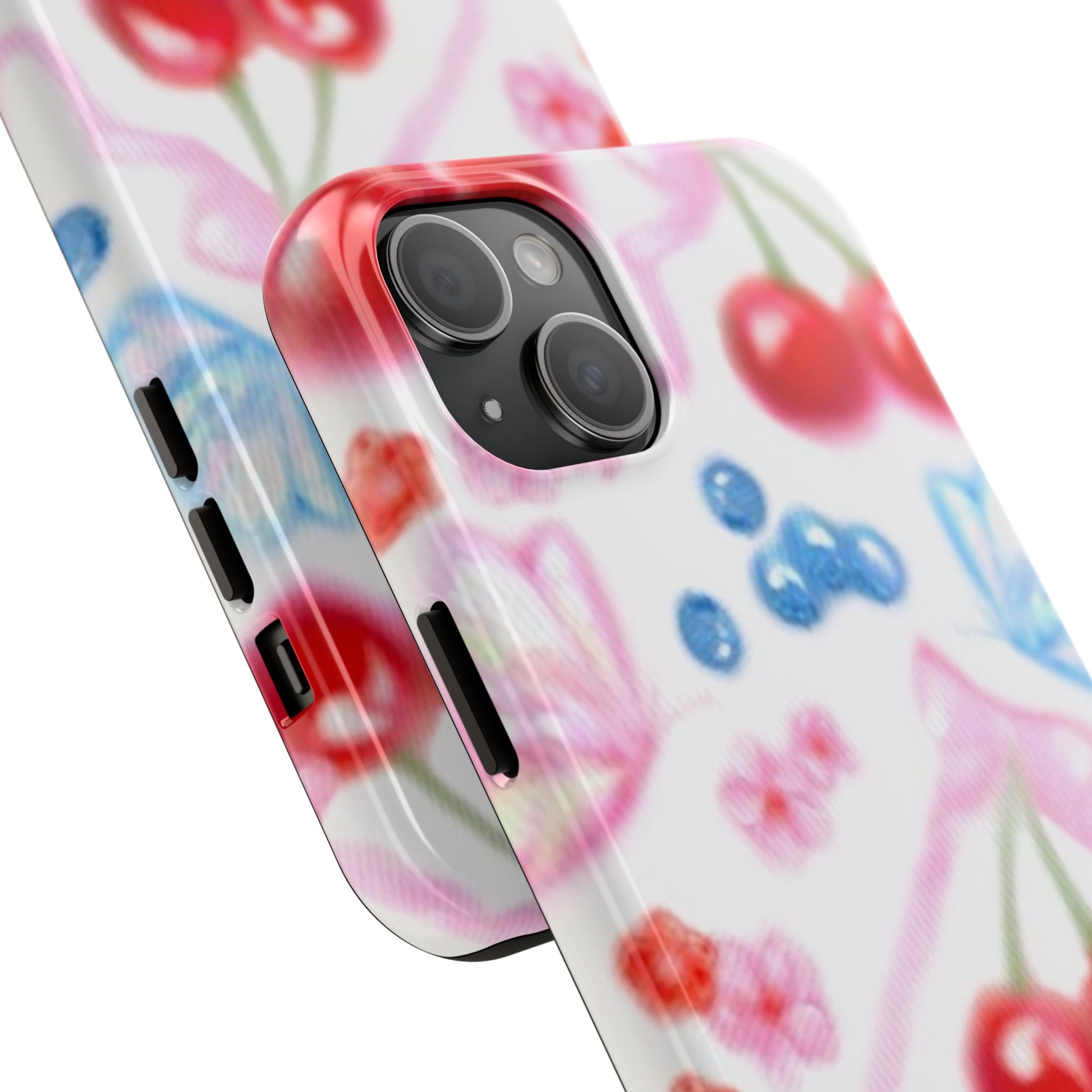 Cute Cherry Strawberry Phone Case, Bow Butterfly Design, iPhone & Samsung Protective Cover, Girls Women Fun Gift, Fruit Floral Pattern