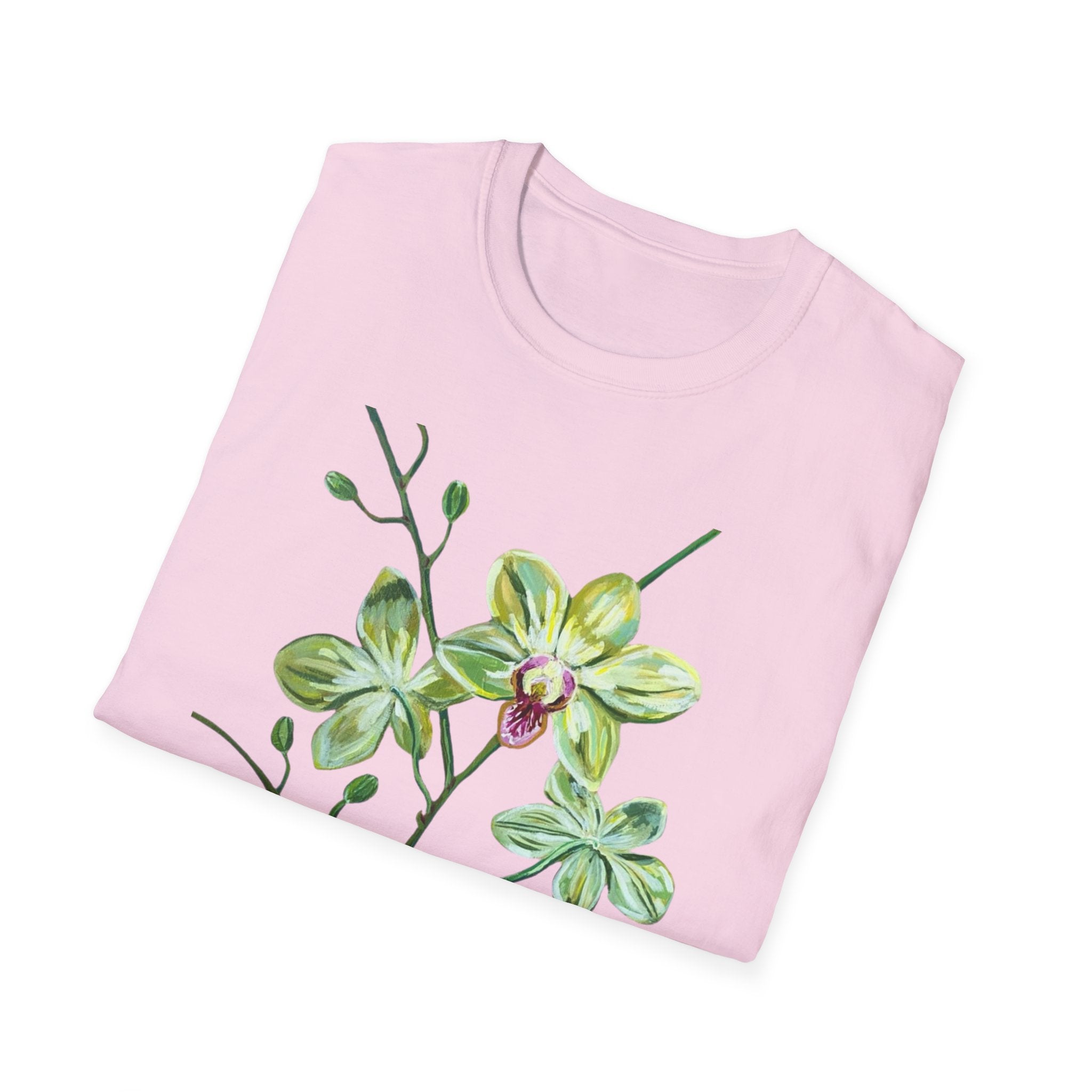 Green Orchid T-Shirt, Botanical Floral Graphic Tee, Nature Plant Art Shirt, Soft Cotton Apparel, Unique Gift for Women Men