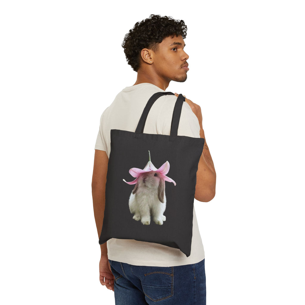 Cute Bunny Tote Bag, Rabbit with Flower Design, Aesthetic Cotton Canvas Bag, Reusable Shopping Gift, Animal Lover Accessory