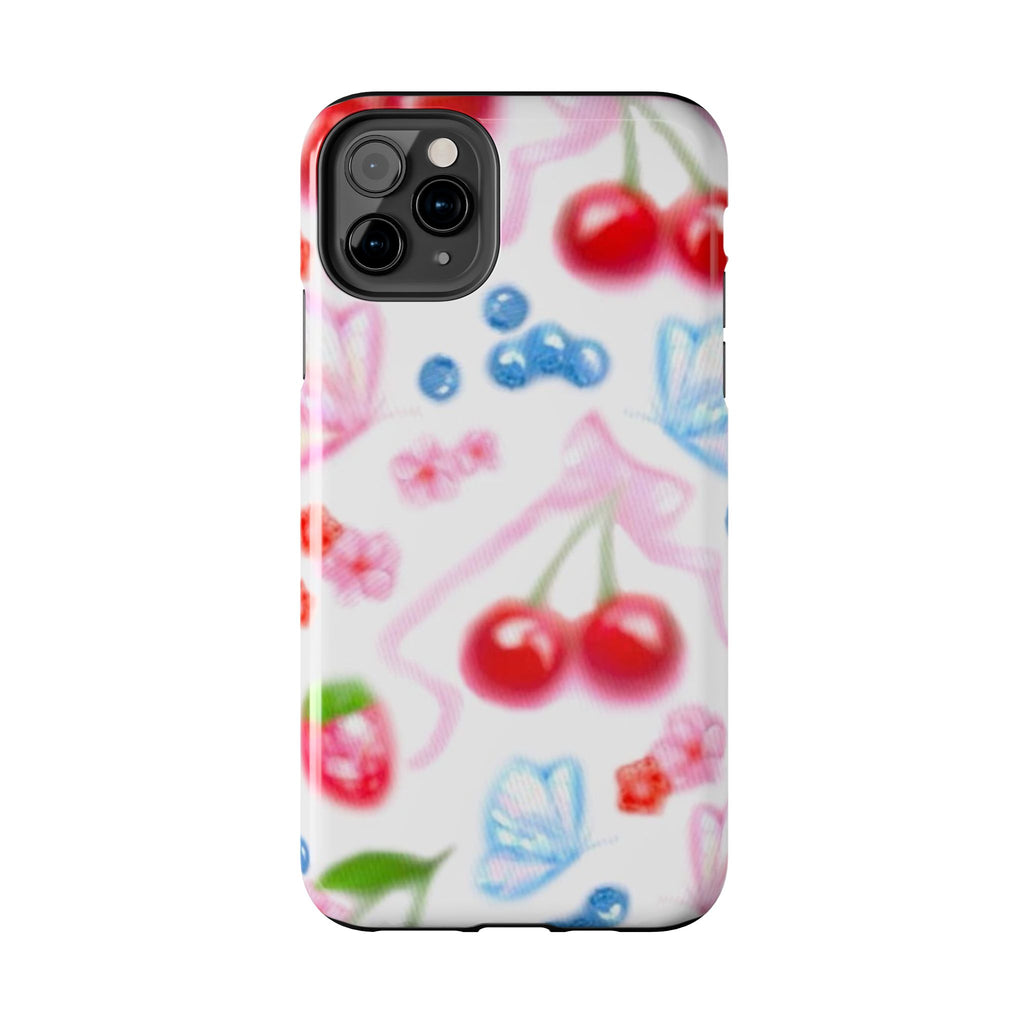 Cute Cherry Strawberry Phone Case, Bow Butterfly Design, iPhone & Samsung Protective Cover, Girls Women Fun Gift, Fruit Floral Pattern