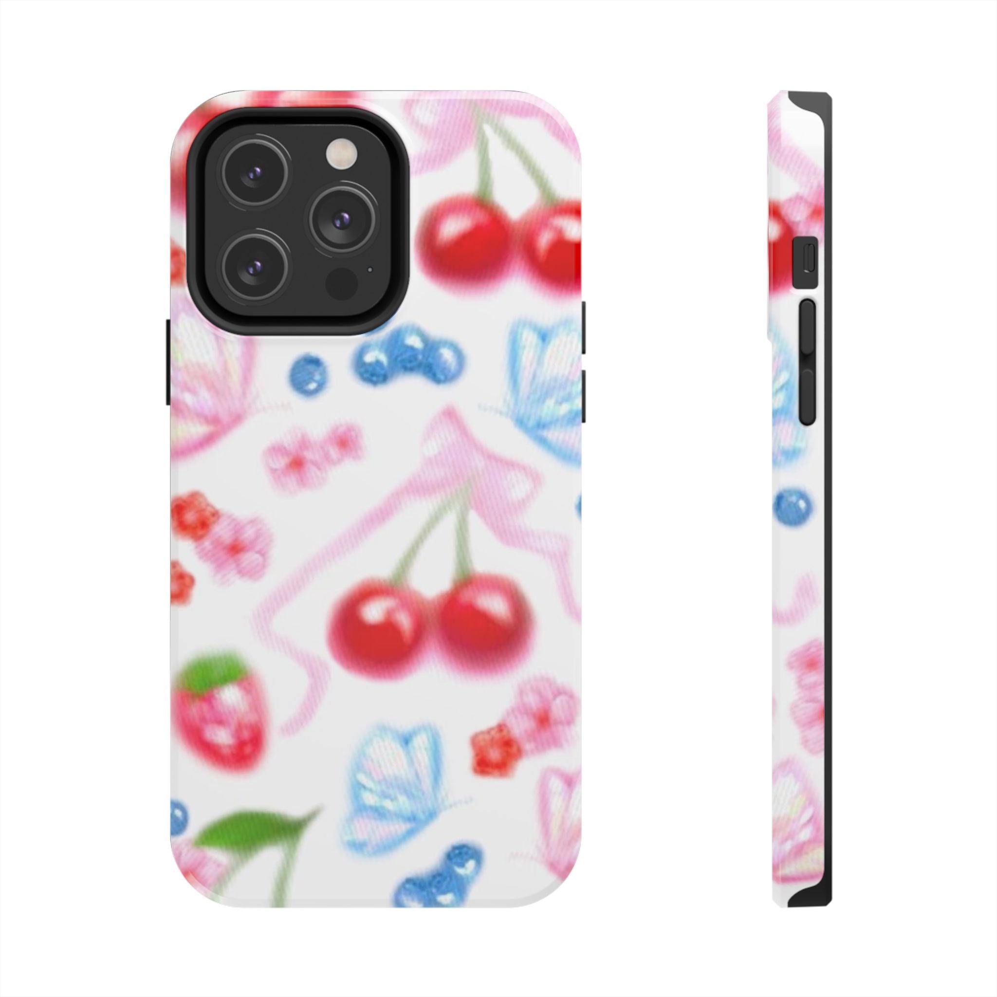 Cute Cherry Strawberry Phone Case, Bow Butterfly Design, iPhone & Samsung Protective Cover, Girls Women Fun Gift, Fruit Floral Pattern