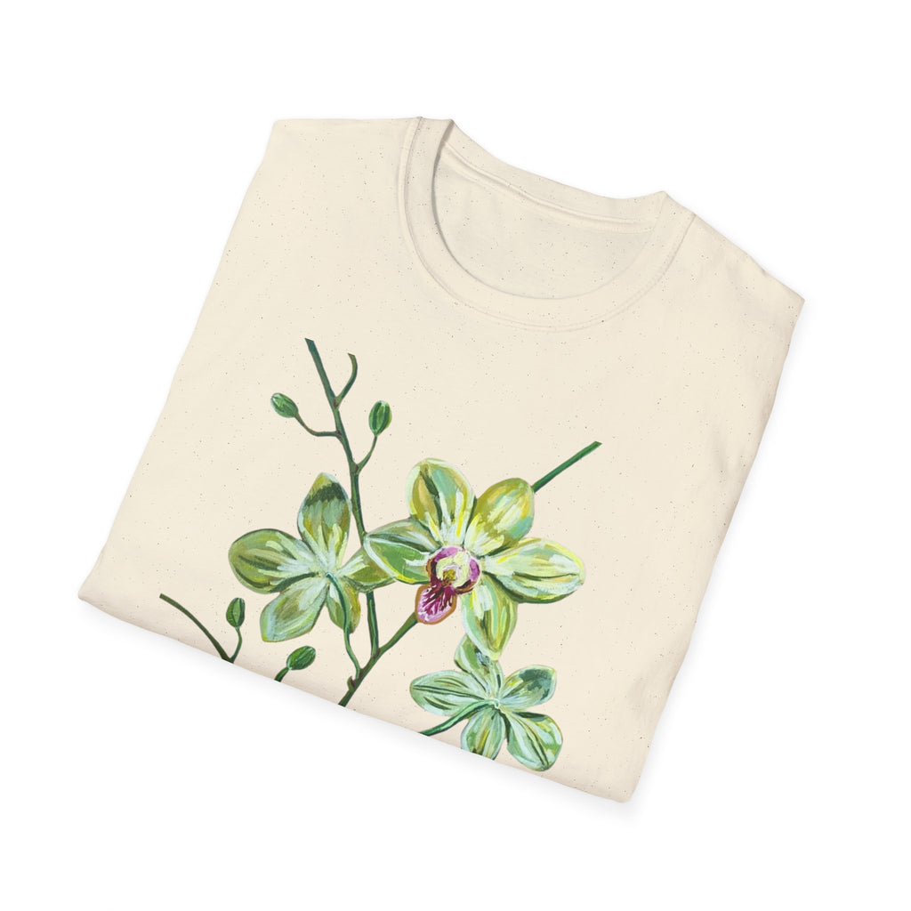 Green Orchid T-Shirt, Botanical Floral Graphic Tee, Nature Plant Art Shirt, Soft Cotton Apparel, Unique Gift for Women Men