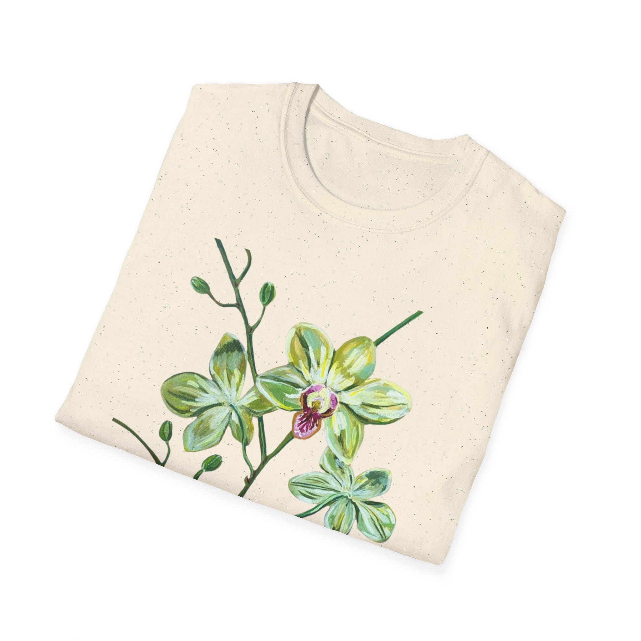 Green Orchid T-Shirt, Botanical Floral Graphic Tee, Nature Plant Art Shirt, Soft Cotton Apparel, Unique Gift for Women Men