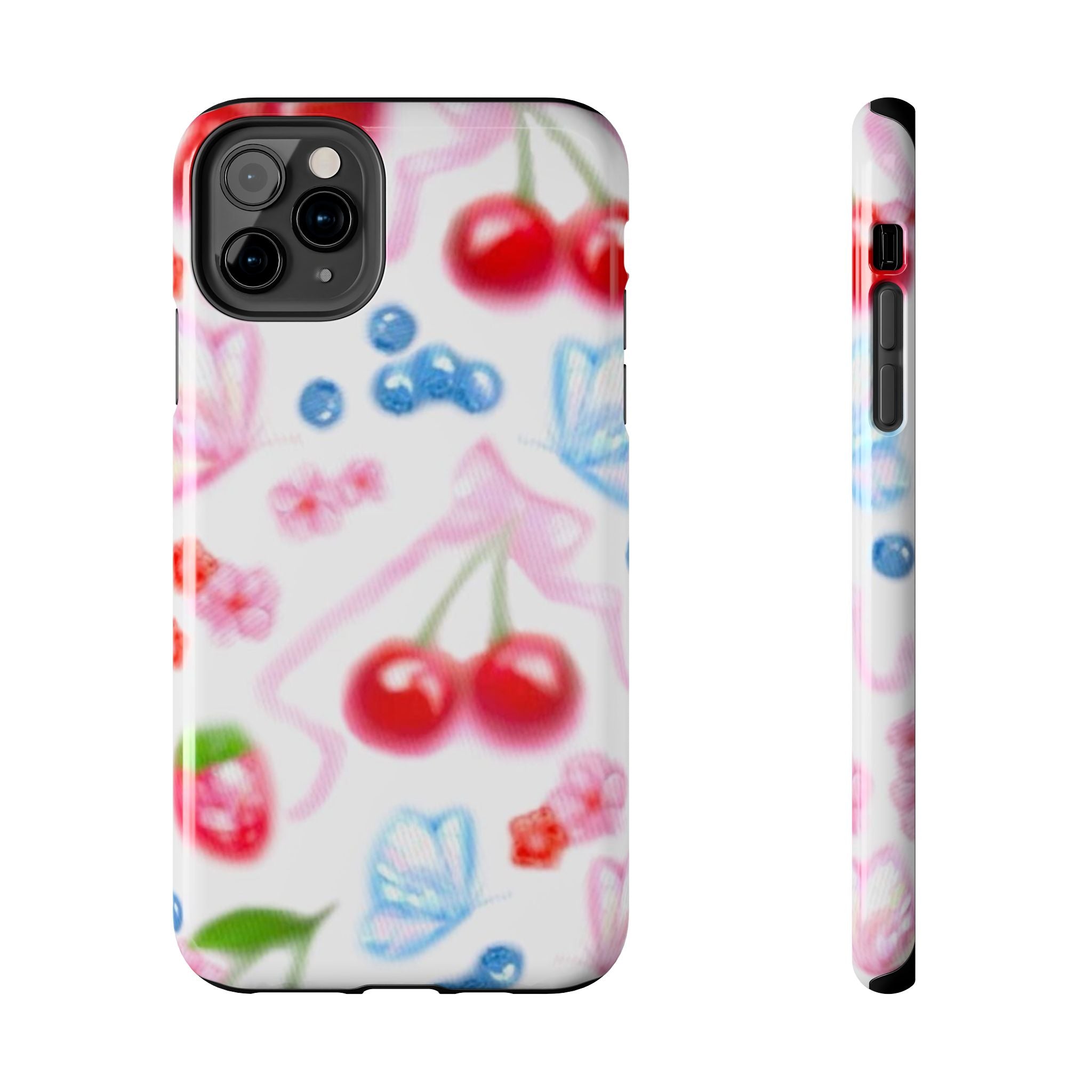 Cute Cherry Strawberry Phone Case, Bow Butterfly Design, iPhone & Samsung Protective Cover, Girls Women Fun Gift, Fruit Floral Pattern