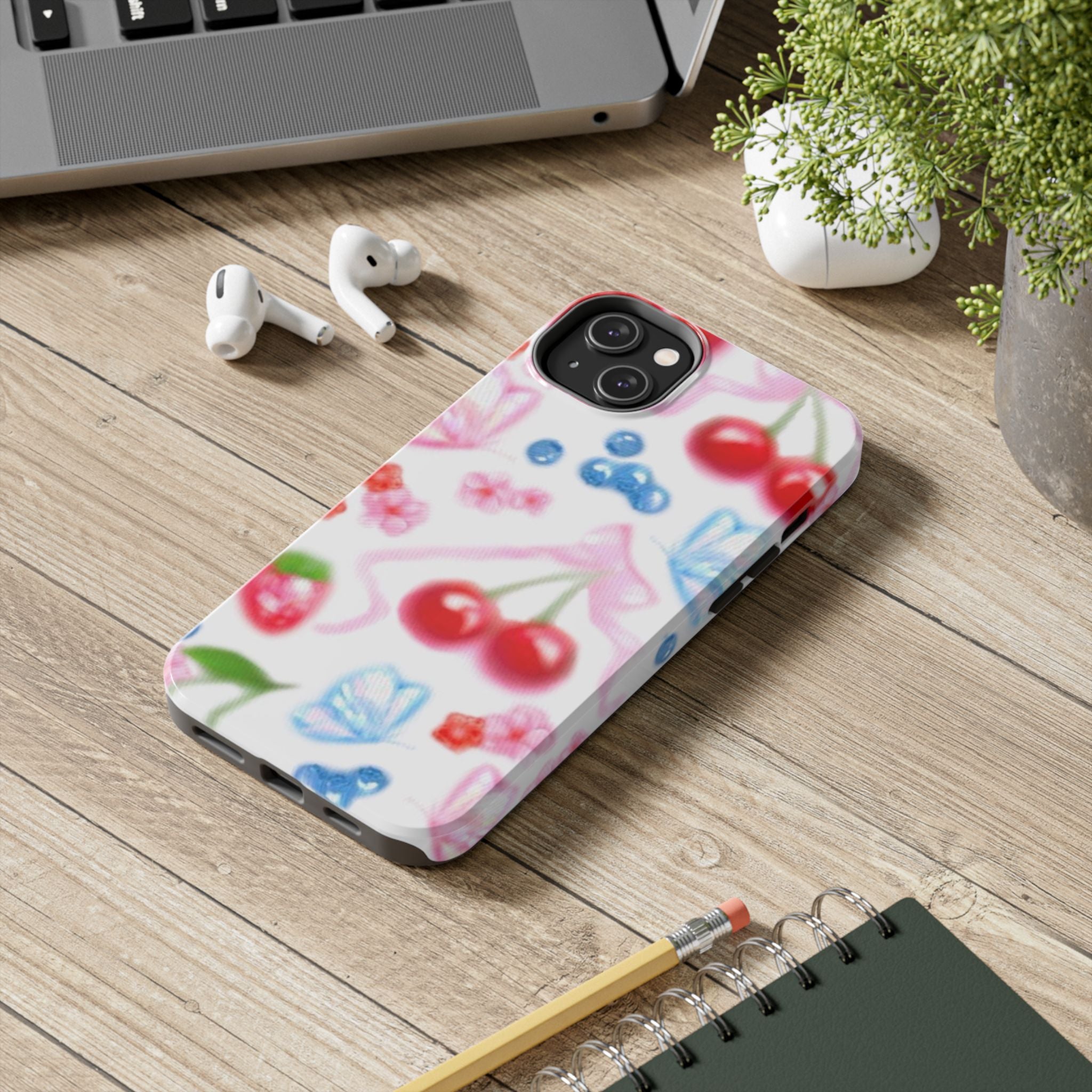 Cute Cherry Strawberry Phone Case, Bow Butterfly Design, iPhone & Samsung Protective Cover, Girls Women Fun Gift, Fruit Floral Pattern