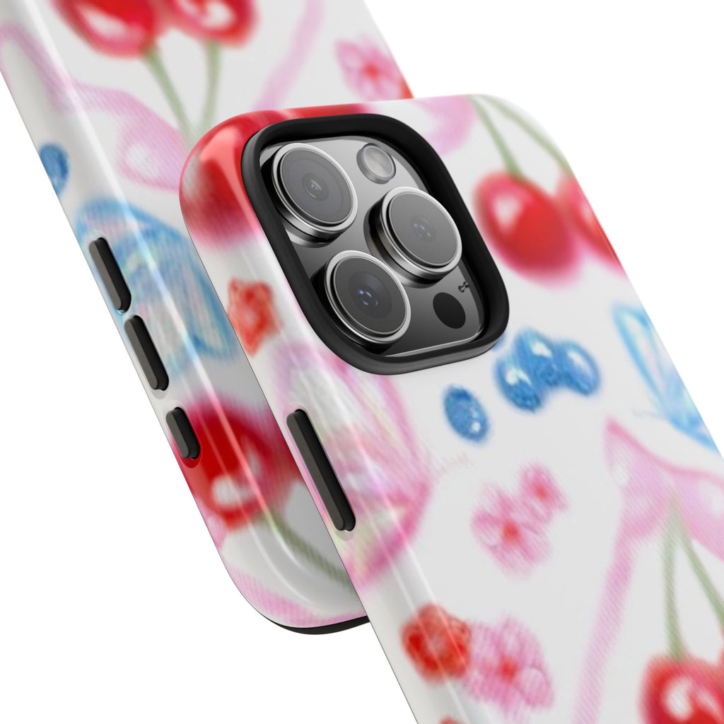 Cute Cherry Strawberry Phone Case, Bow Butterfly Design, iPhone & Samsung Protective Cover, Girls Women Fun Gift, Fruit Floral Pattern