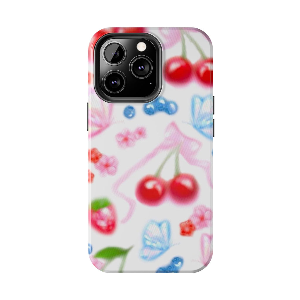Cute Cherry Strawberry Phone Case, Bow Butterfly Design, iPhone & Samsung Protective Cover, Girls Women Fun Gift, Fruit Floral Pattern