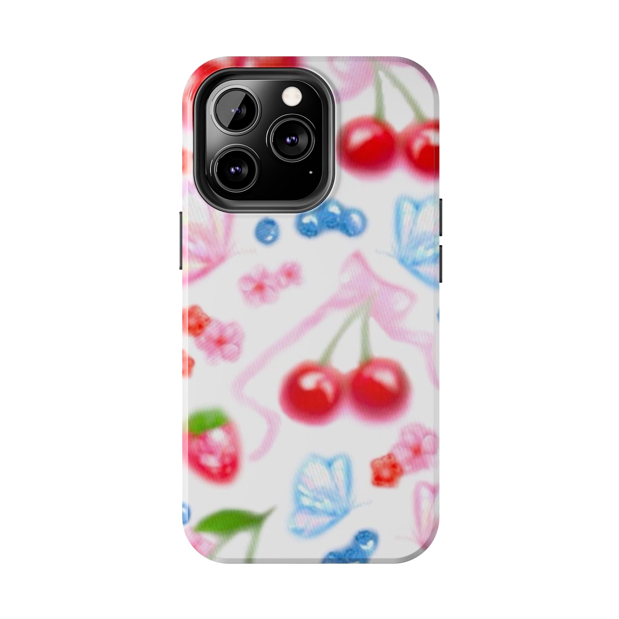 Cute Cherry Strawberry Phone Case, Bow Butterfly Design, iPhone & Samsung Protective Cover, Girls Women Fun Gift, Fruit Floral Pattern