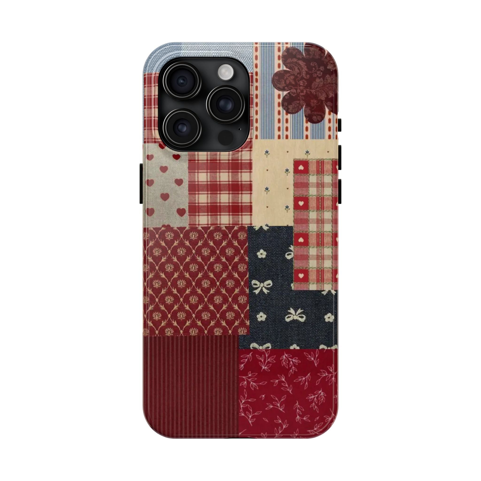 Red Patchwork Phone Case, Quilted Pattern Design, iPhone & Samsung Protective Cover, Rustic Farmhouse Style, Unique Gift for Women
