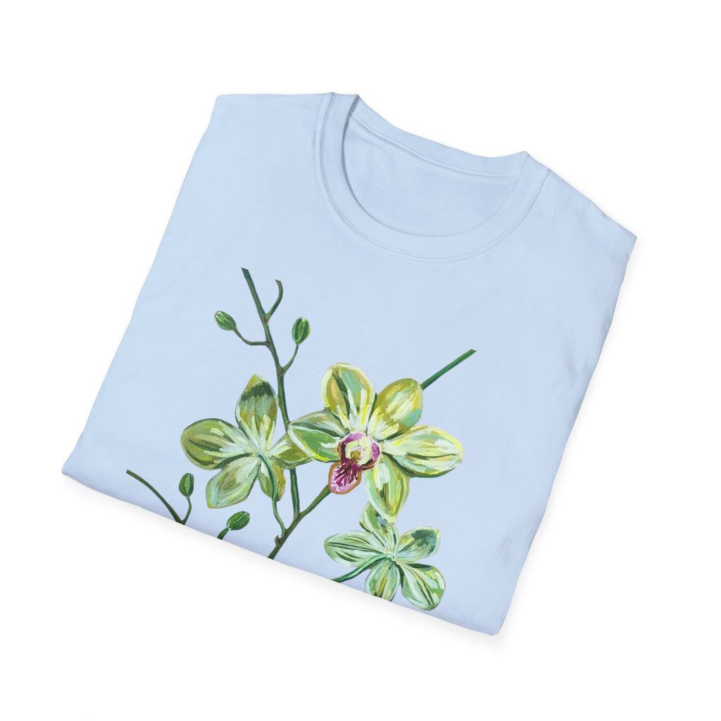 Green Orchid T-Shirt, Botanical Floral Graphic Tee, Nature Plant Art Shirt, Soft Cotton Apparel, Unique Gift for Women Men