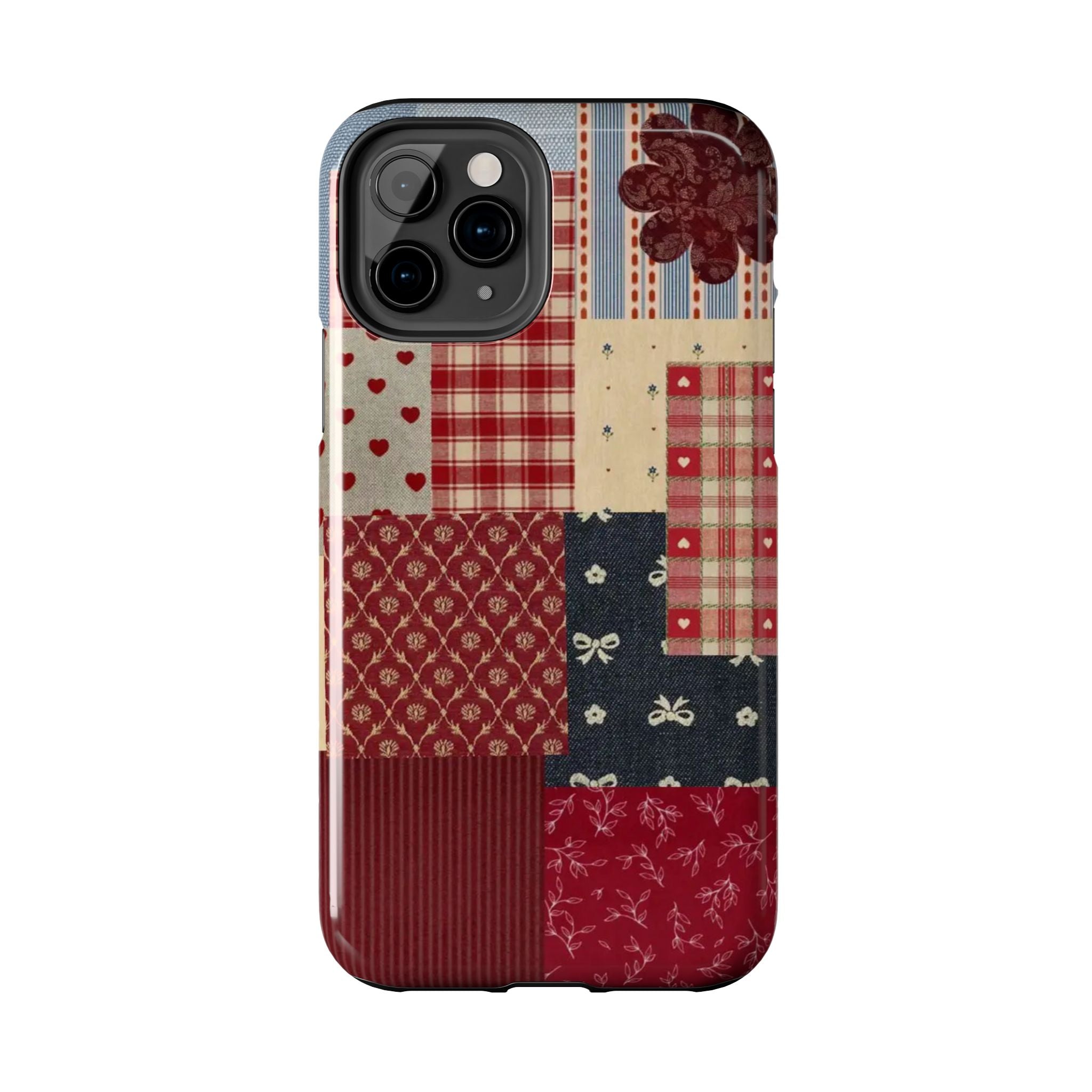 Red Patchwork Phone Case, Quilted Pattern Design, iPhone & Samsung Protective Cover, Rustic Farmhouse Style, Unique Gift for Women