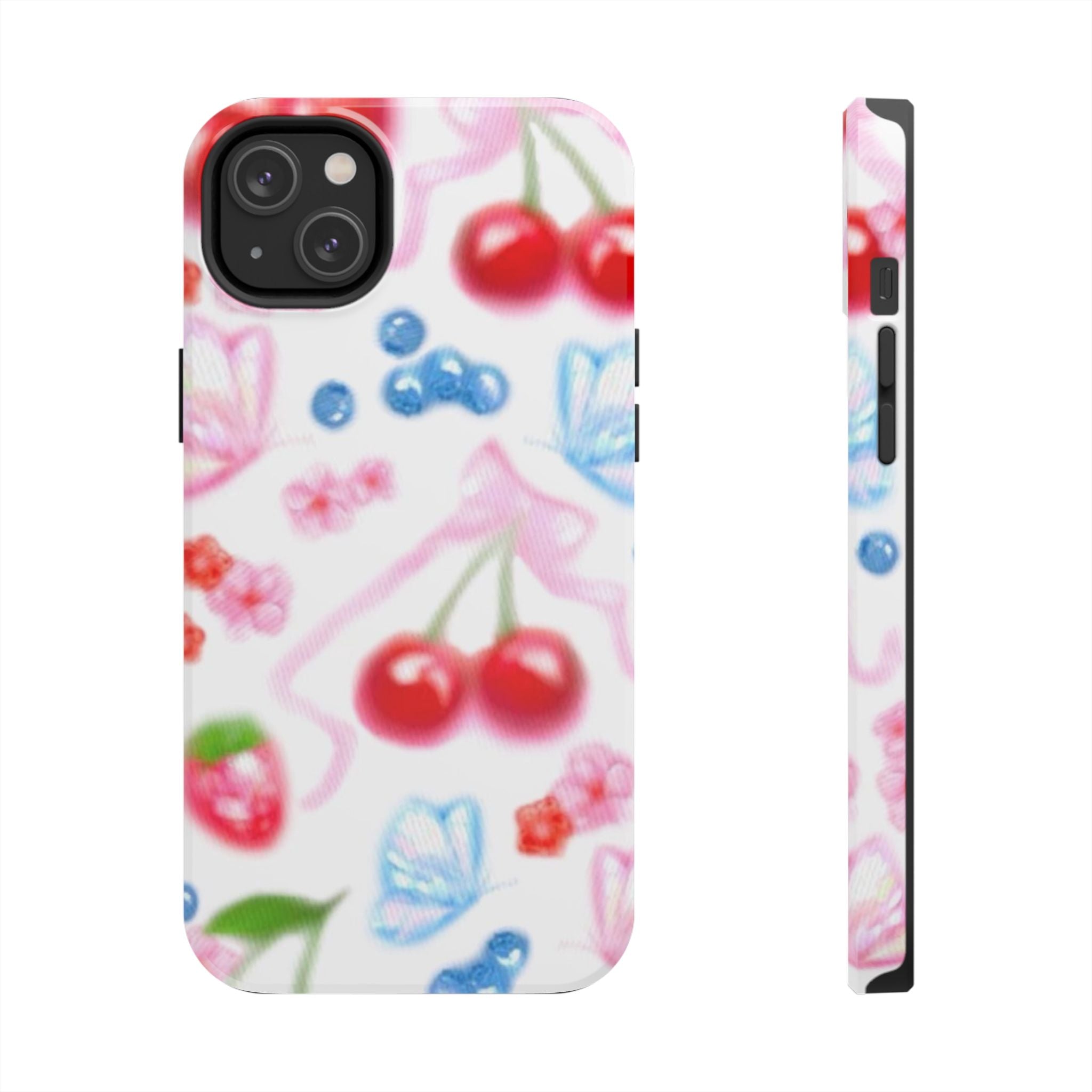 Cute Cherry Strawberry Phone Case, Bow Butterfly Design, iPhone & Samsung Protective Cover, Girls Women Fun Gift, Fruit Floral Pattern