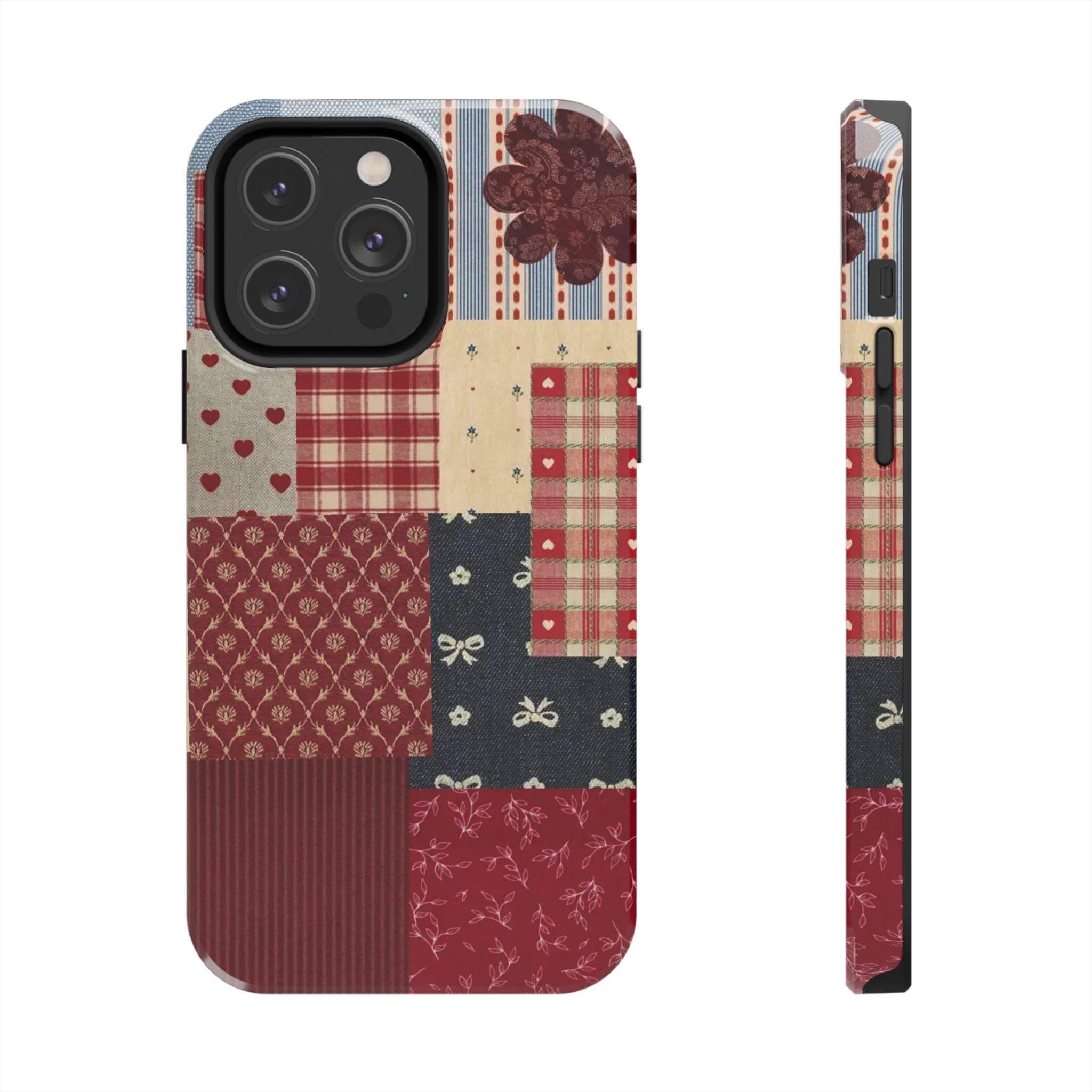 Red Patchwork Phone Case, Quilted Pattern Design, iPhone & Samsung Protective Cover, Rustic Farmhouse Style, Unique Gift for Women