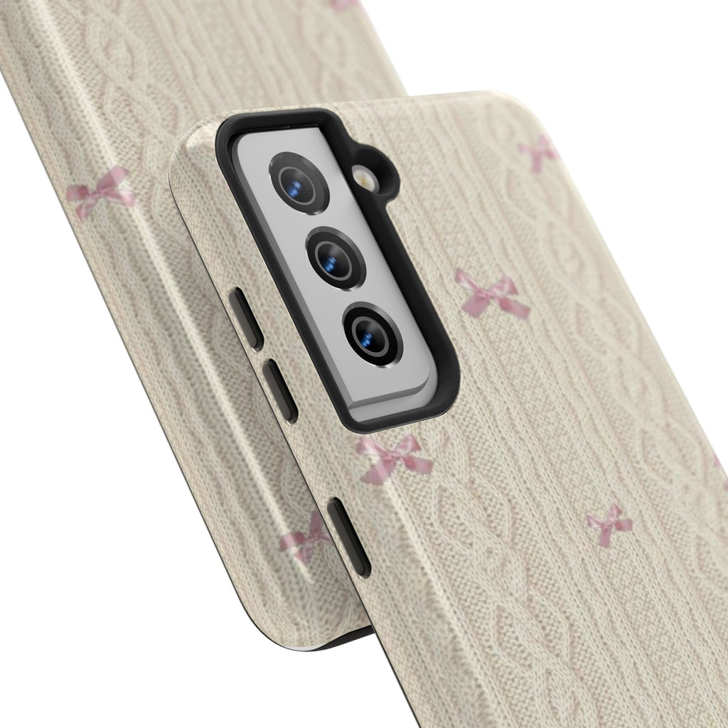 Knitted Sweater Phone Case, Cute Pink Bow Design, iPhone & Samsung Protective Cover, Cozy Aesthetic Pattern, Girls Women Unique Gift