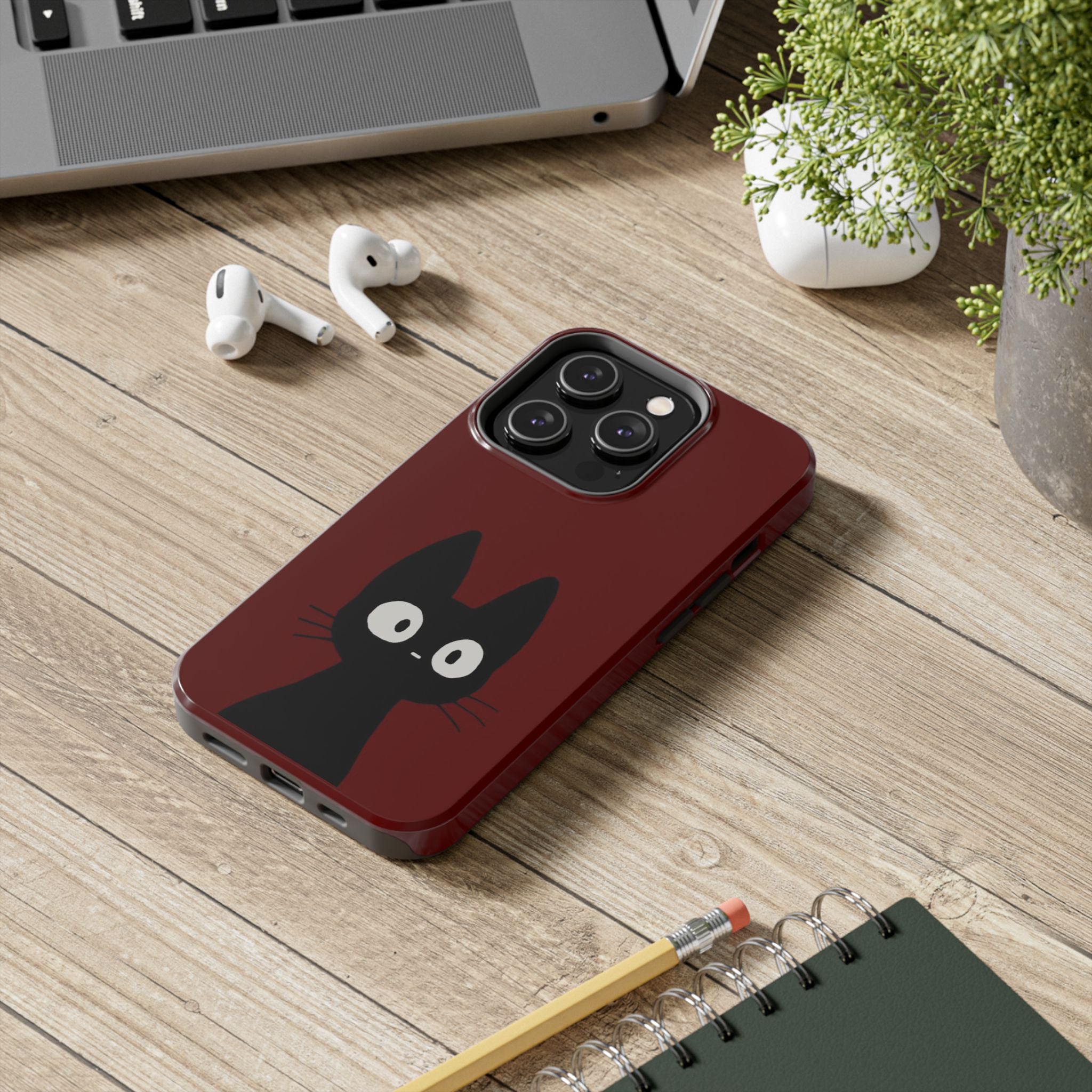 Black Cat Phone Case – Minimal Cute Design, Slim Protective Burgundy Cover