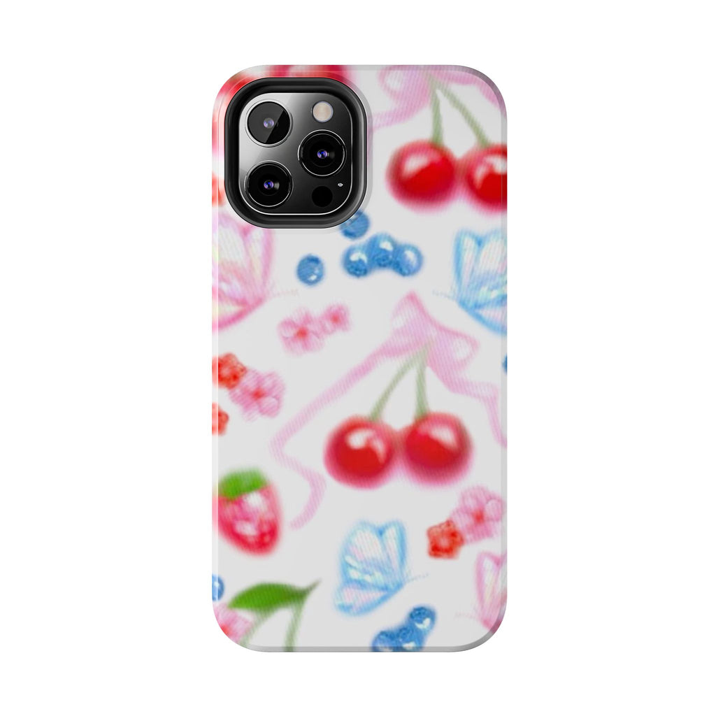 Cute Cherry Strawberry Phone Case, Bow Butterfly Design, iPhone & Samsung Protective Cover, Girls Women Fun Gift, Fruit Floral Pattern