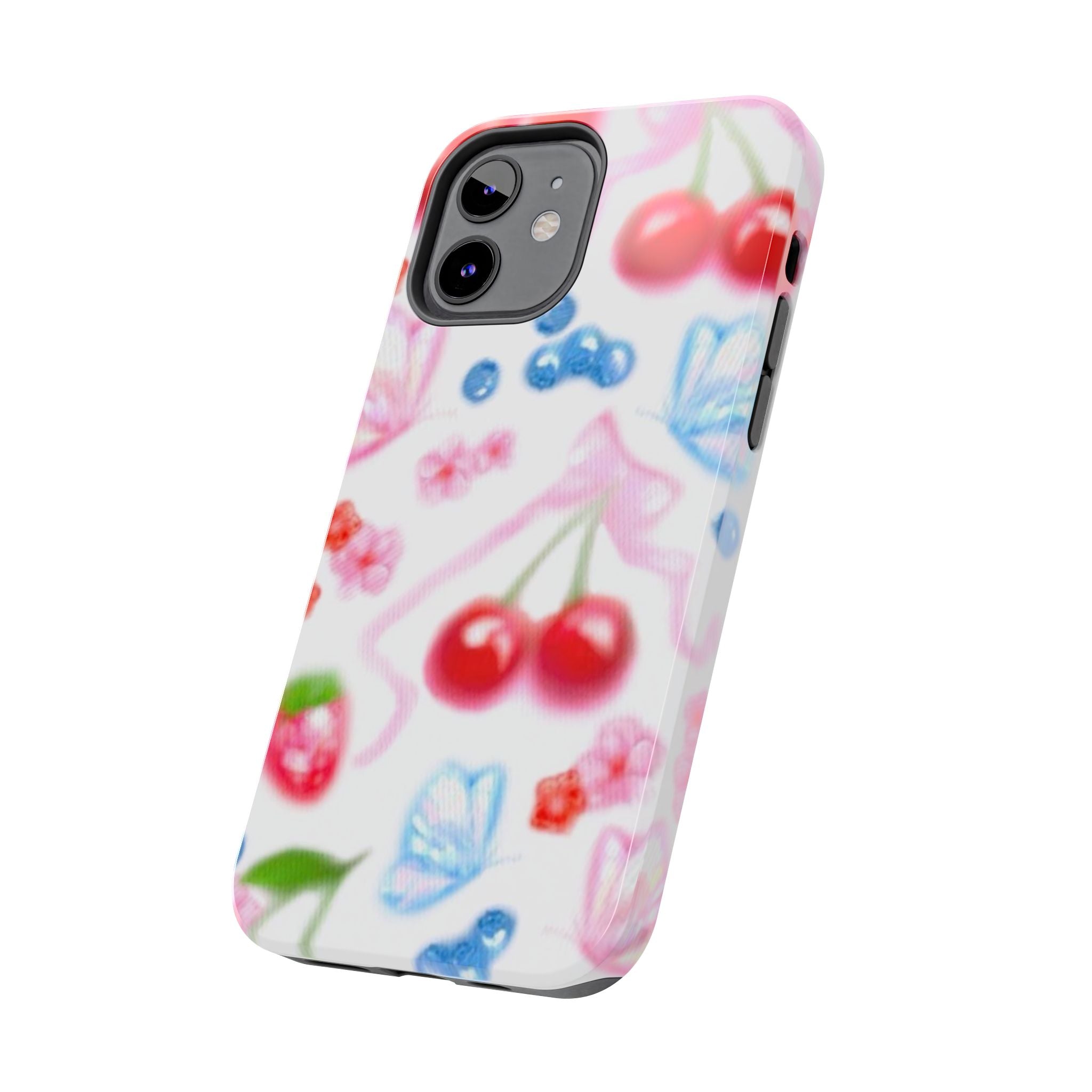 Cute Cherry Strawberry Phone Case, Bow Butterfly Design, iPhone & Samsung Protective Cover, Girls Women Fun Gift, Fruit Floral Pattern