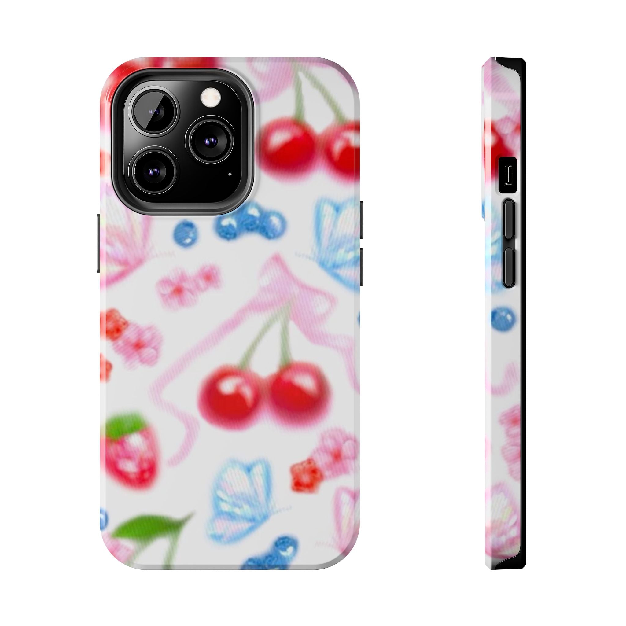 Cute Cherry Strawberry Phone Case, Bow Butterfly Design, iPhone & Samsung Protective Cover, Girls Women Fun Gift, Fruit Floral Pattern