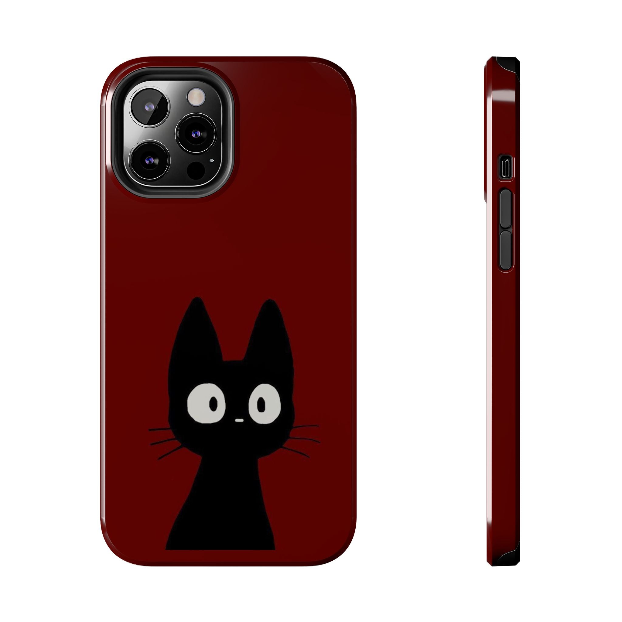 Black Cat Phone Case – Minimal Cute Design, Slim Protective Burgundy Cover