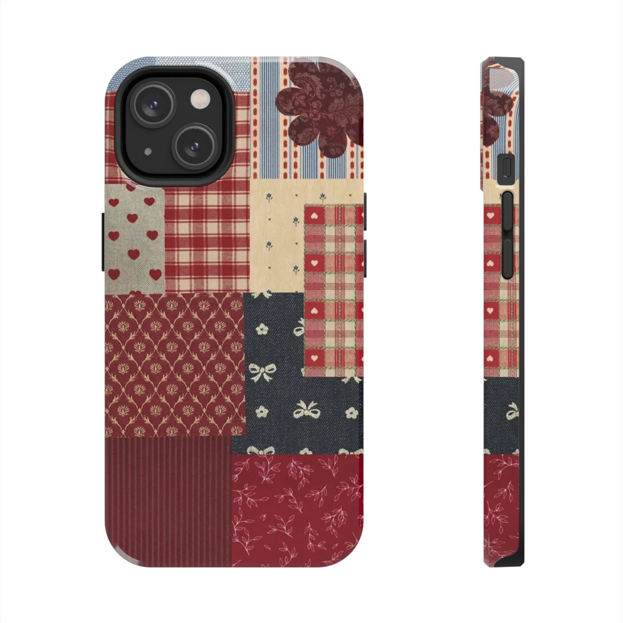 Red Patchwork Phone Case, Quilted Pattern Design, iPhone & Samsung Protective Cover, Rustic Farmhouse Style, Unique Gift for Women